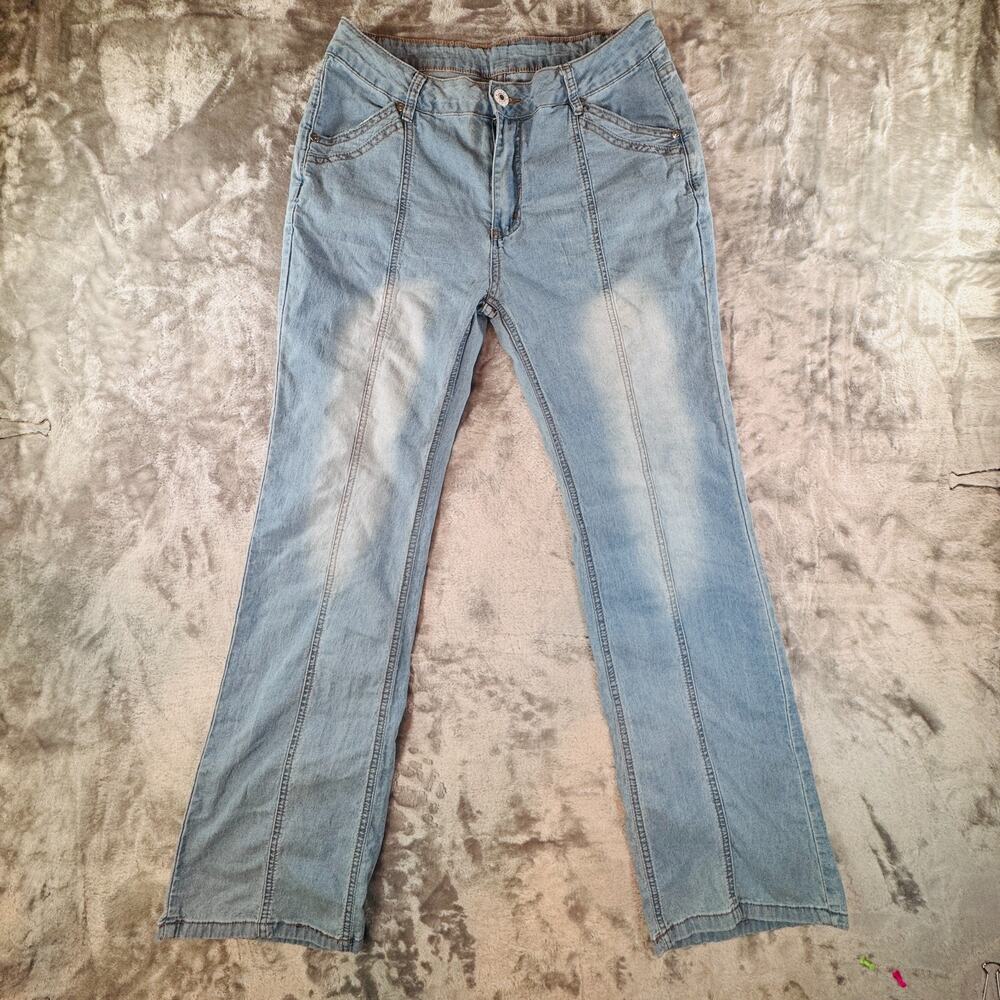 N.Y.K Women Size XL Blue Light Wash Seamed Flare Bootcut Denim Jeans Stretch